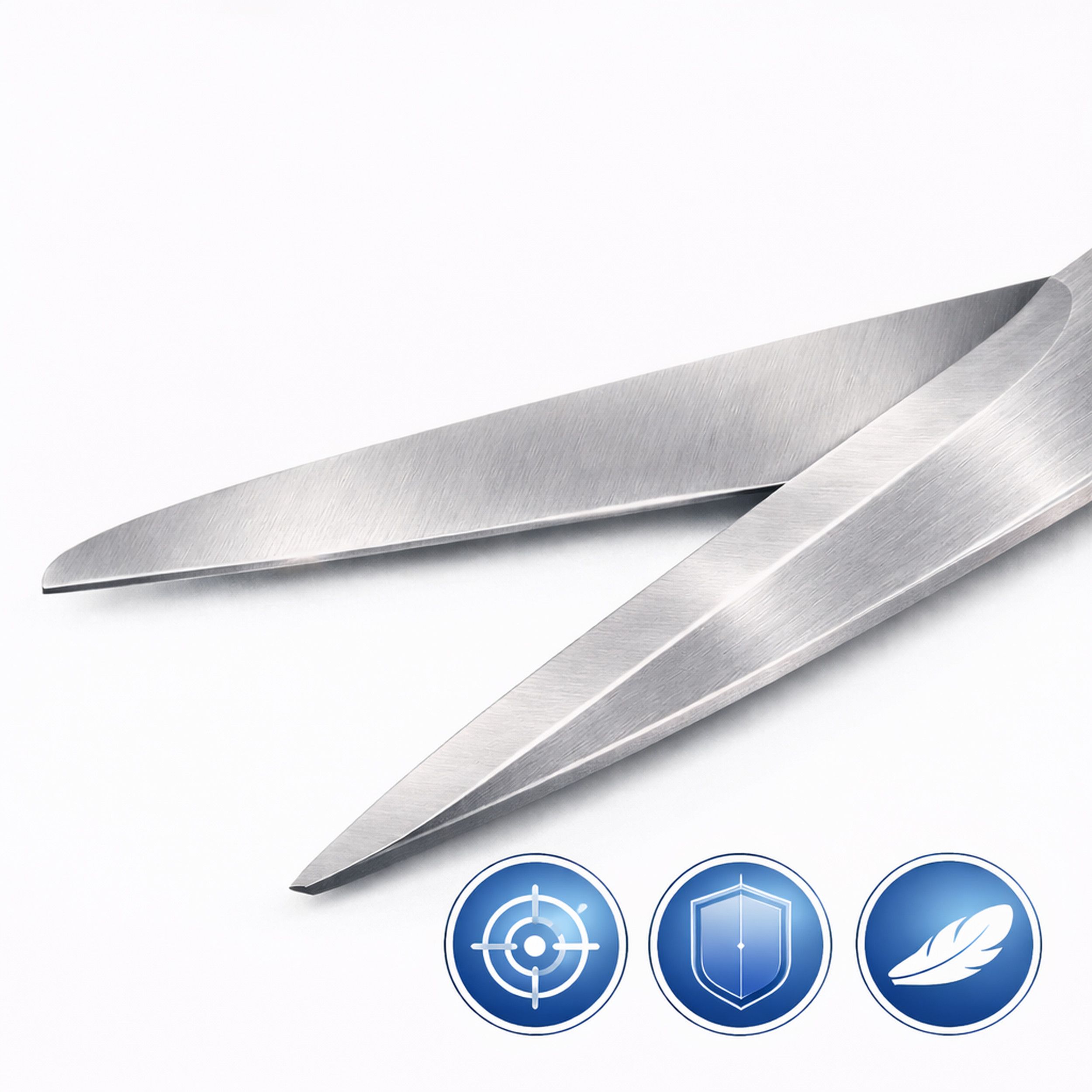 Schere mit silbernen Klingen. Drei blaue Icons: Ziel, Schild, Feder. Nahaufnahme.