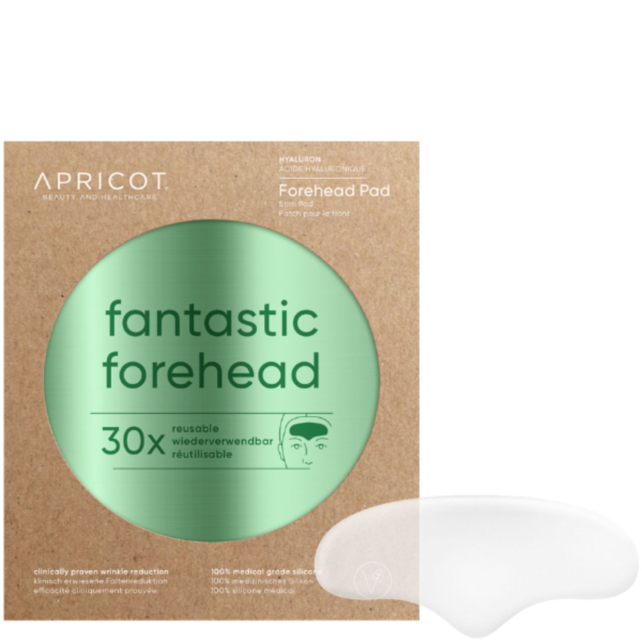 Verpackung mit Stirn Pad. Aufschrift: APRICOT, fantastic forehead, 30x wiederverwendbar. Pad daneben.