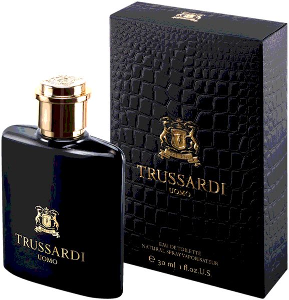 Schwarzer Flakon und Verpackung. Goldener Verschluss. Logo und Schriftzug TRUSSARDI UOMO.