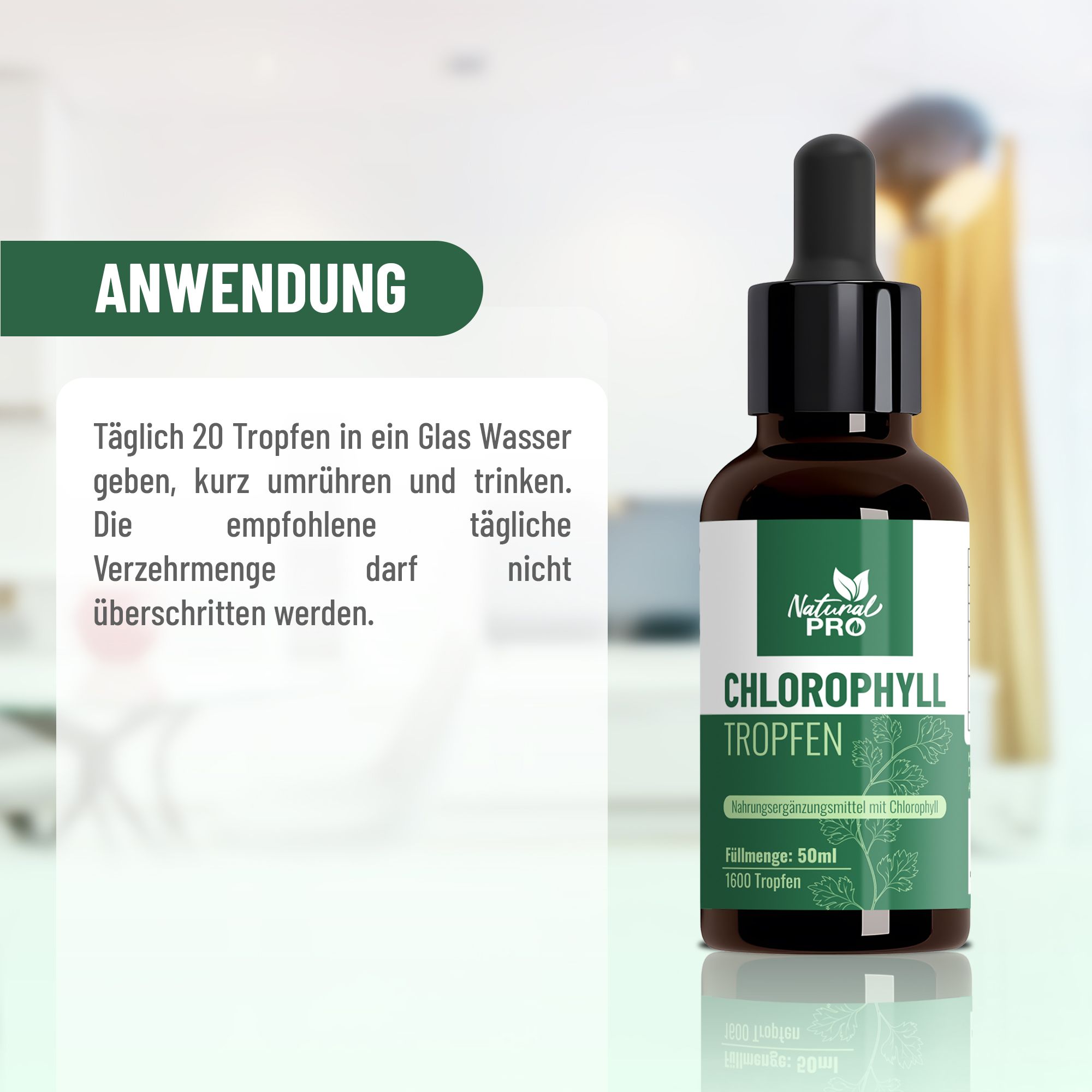 Braune Glasflasche mit Tropfer. Etikett "Natural Pro | Chlorophyll Tropfen". Anwendungshinweise: 20 Tropfen in Wasser.