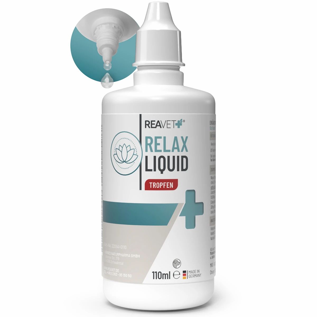 Weiße Flasche mit Tropfverschluss. Aufschrift: REAVET RELAX LIQUID. Tropfen fließen aus dem Verschluss. 110ml.