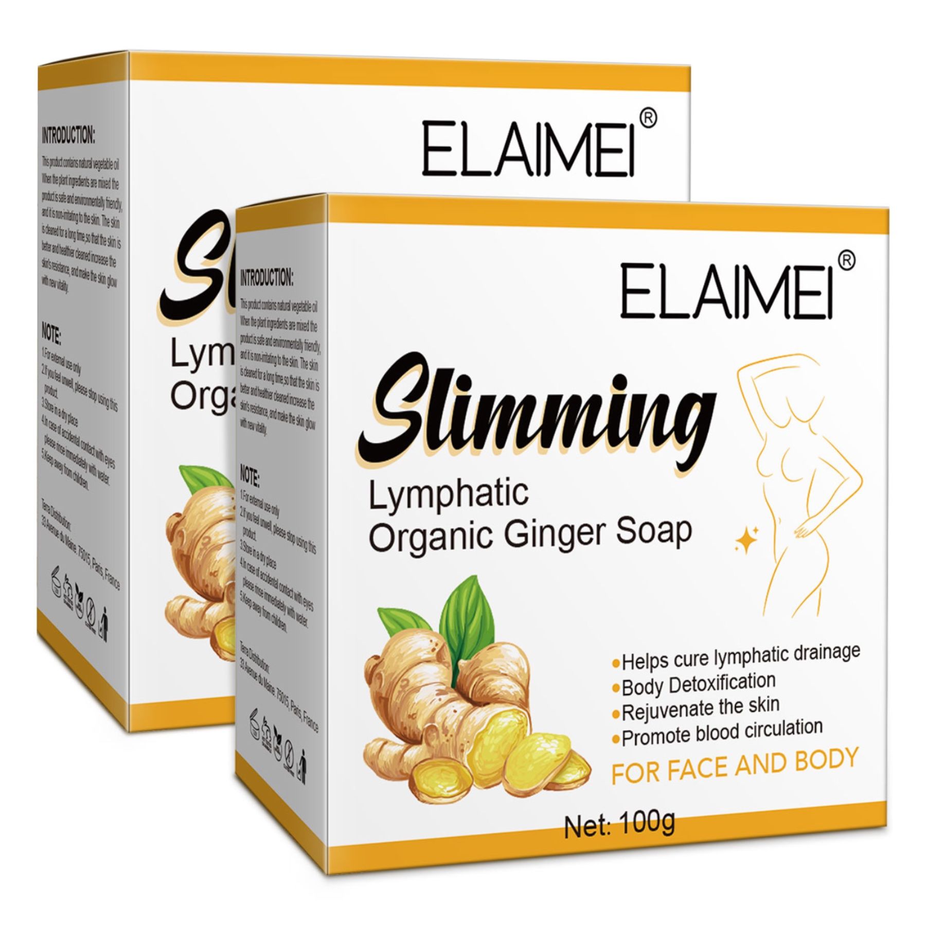 Zwei rechteckige Kartons. Aufschrift: ELAIMEI, Slimming Lymphatic Organic Ginger Soap. Abbildung von Ingwer. Text: Für Gesicht und Körper.