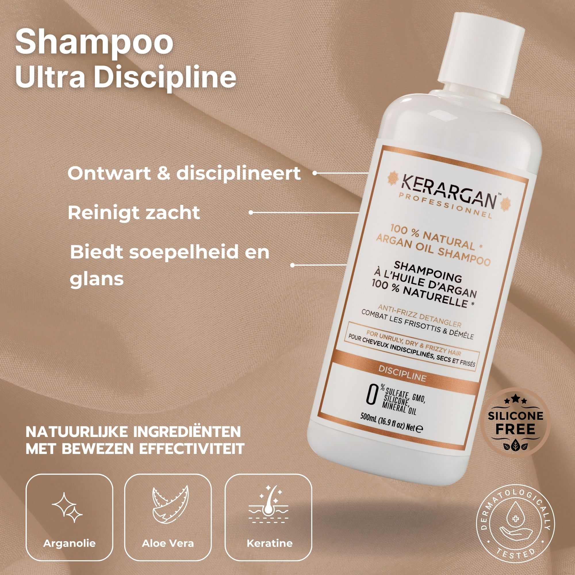Witte shampoo fles. Tekst: Kerargan, 100% natuurlijke arganolie shampoo. Voor droog haar. Siliconenvrij. Dermatologisch getest.