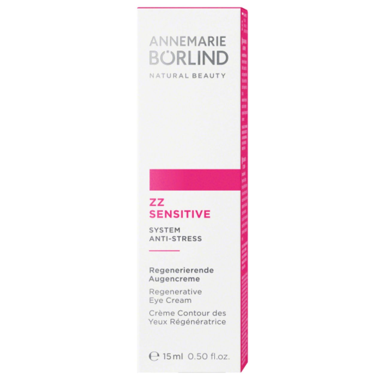 Weiße Verpackung mit pinkfarbenem Streifen. Aufdruck: ANNEMARIE BÖRLIND, ZZ SENSITIVE, Regenerierende Augencreme, 15ml.