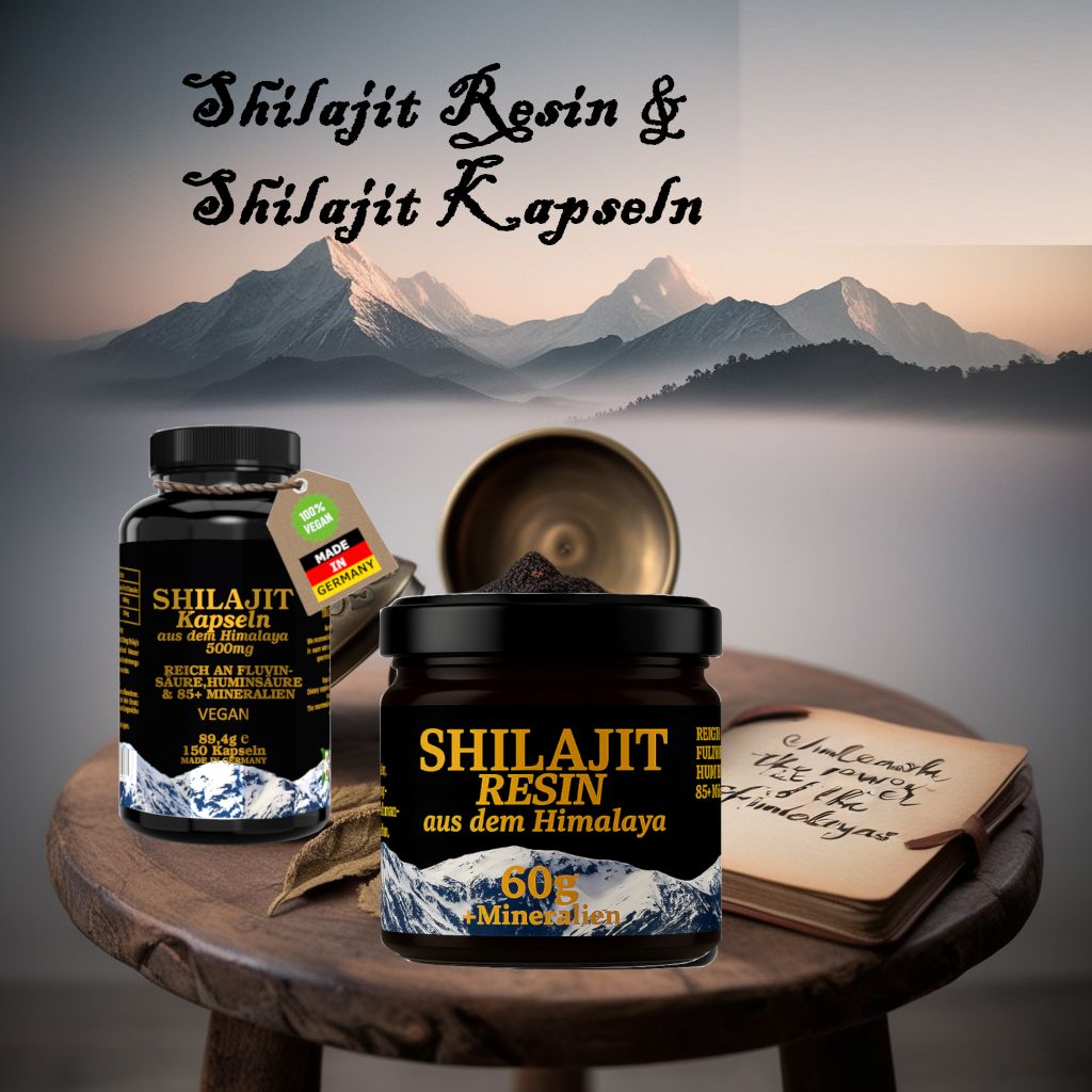 Zwei Behälter Shilajit Kapseln und Resin, Löffel, Buch, vor Berglandschaft. Aufschrift: Shilajit Resin aus dem Himalaya, 60g.