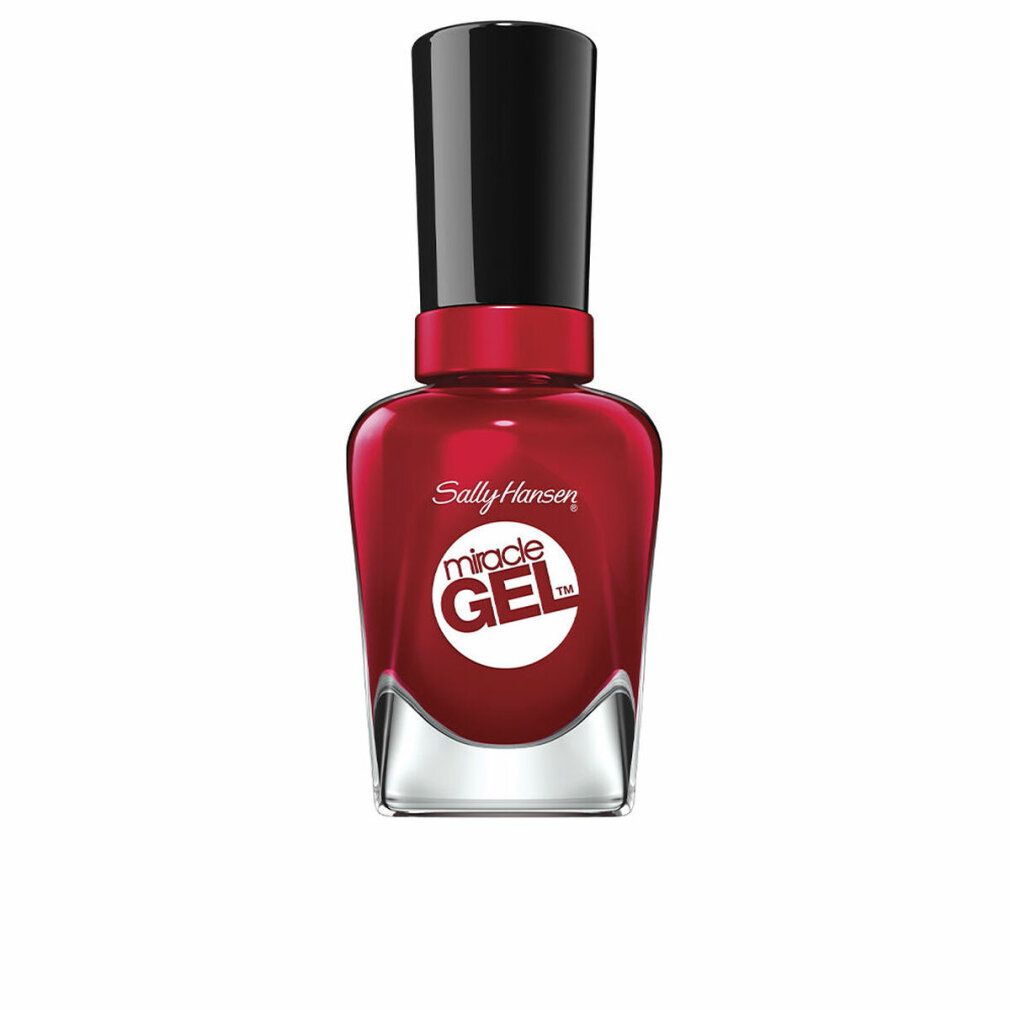 Roter Nagellackflakon. Schwarzer Deckel. Aufschrift: Miracle Gel, Sally Hansen.