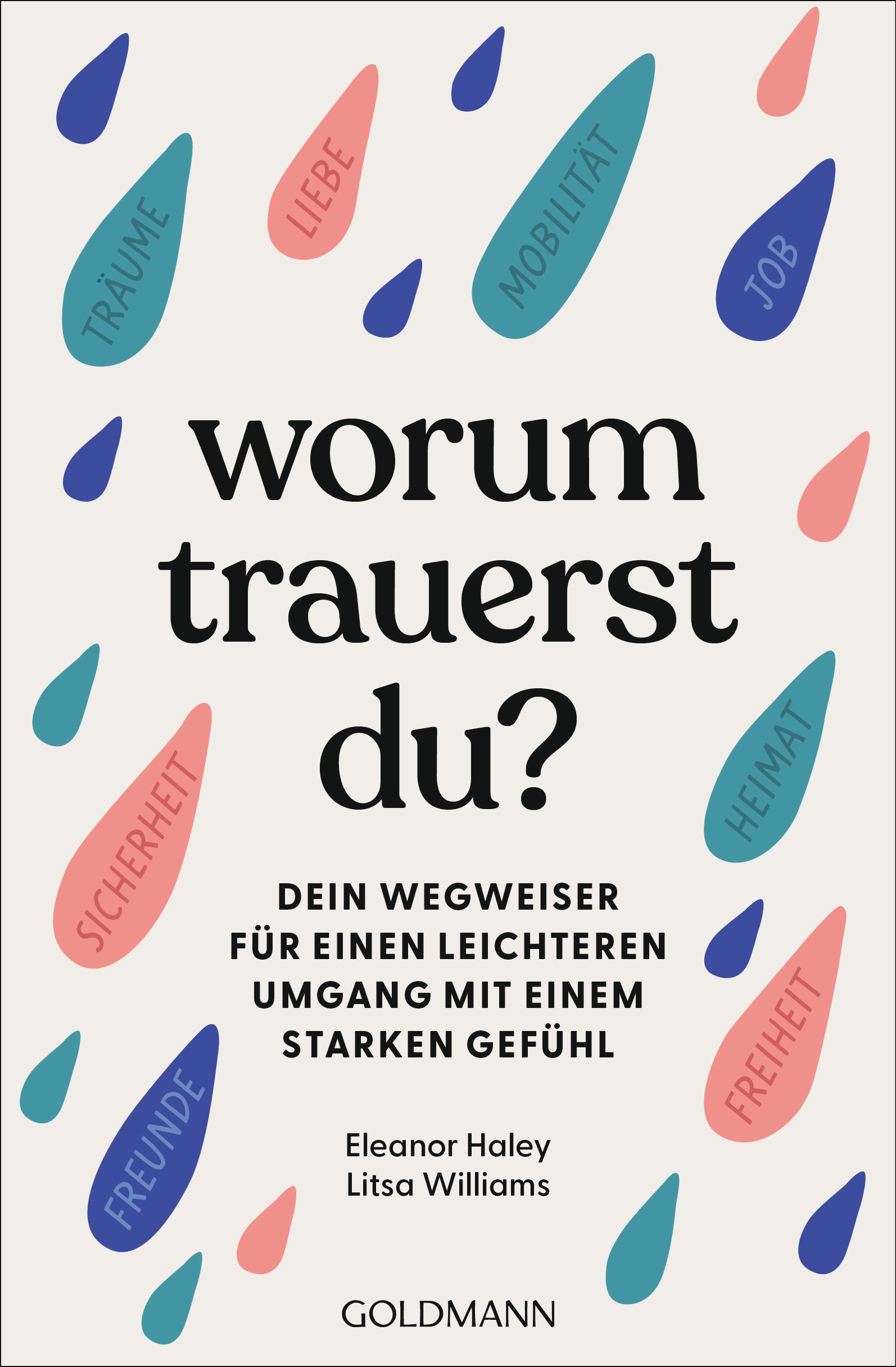 Buchcover: Titel "Worum trauerst du?". Autorinnen: Eleanor Haley, Litsa Williams. Verlag: Goldmann. Illustrationen: Tropfen mit Begriffen.