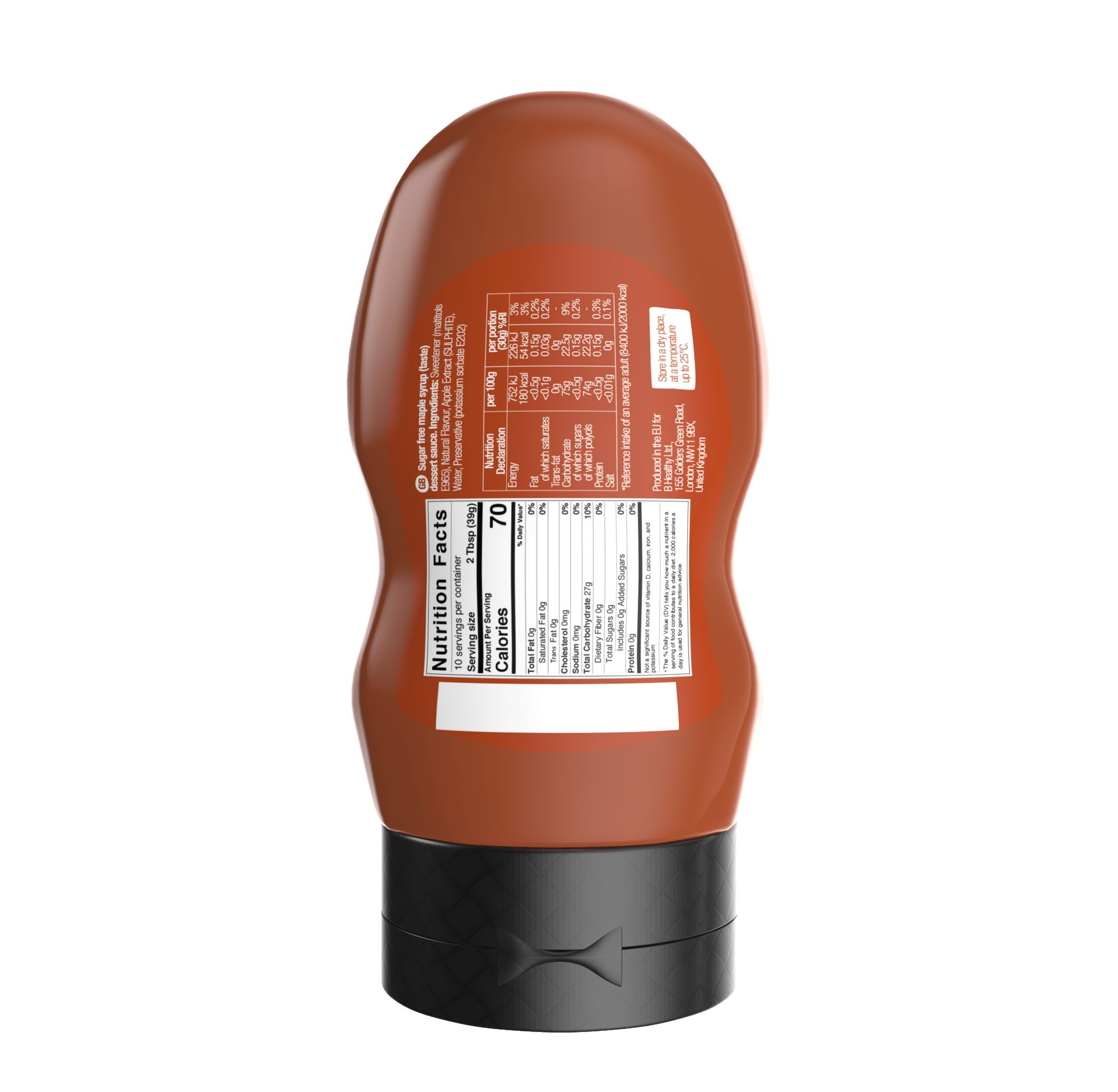 Rückseite einer braunen Flasche mit schwarzem Deckel. Etikett mit Nährwertangaben und Zutatenliste.