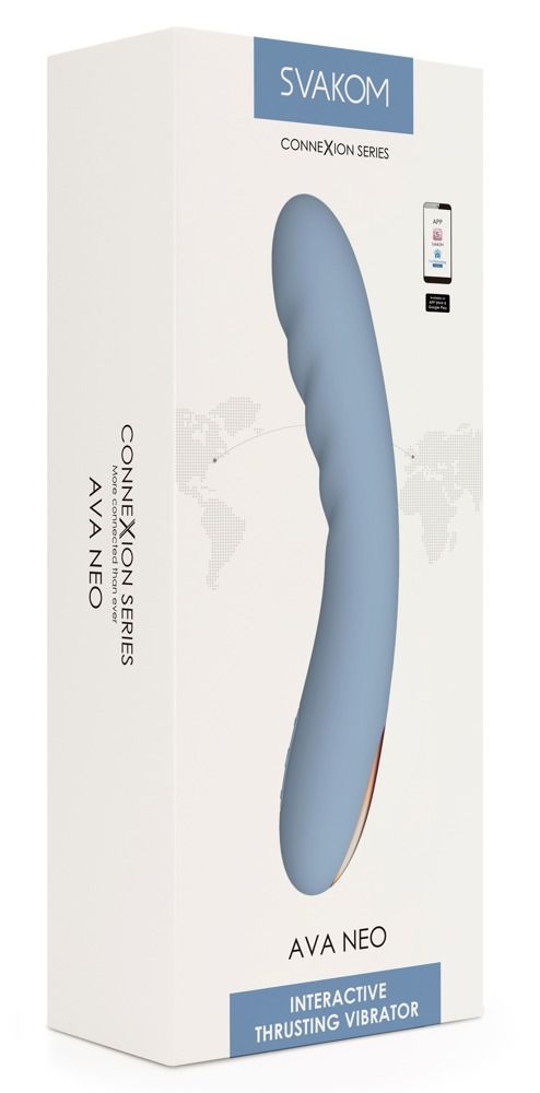 Verpackung mit blauem Vibrator. Marke Svakom, Modell Ava Neo. Text: Interactive Thrusting Vibrator.