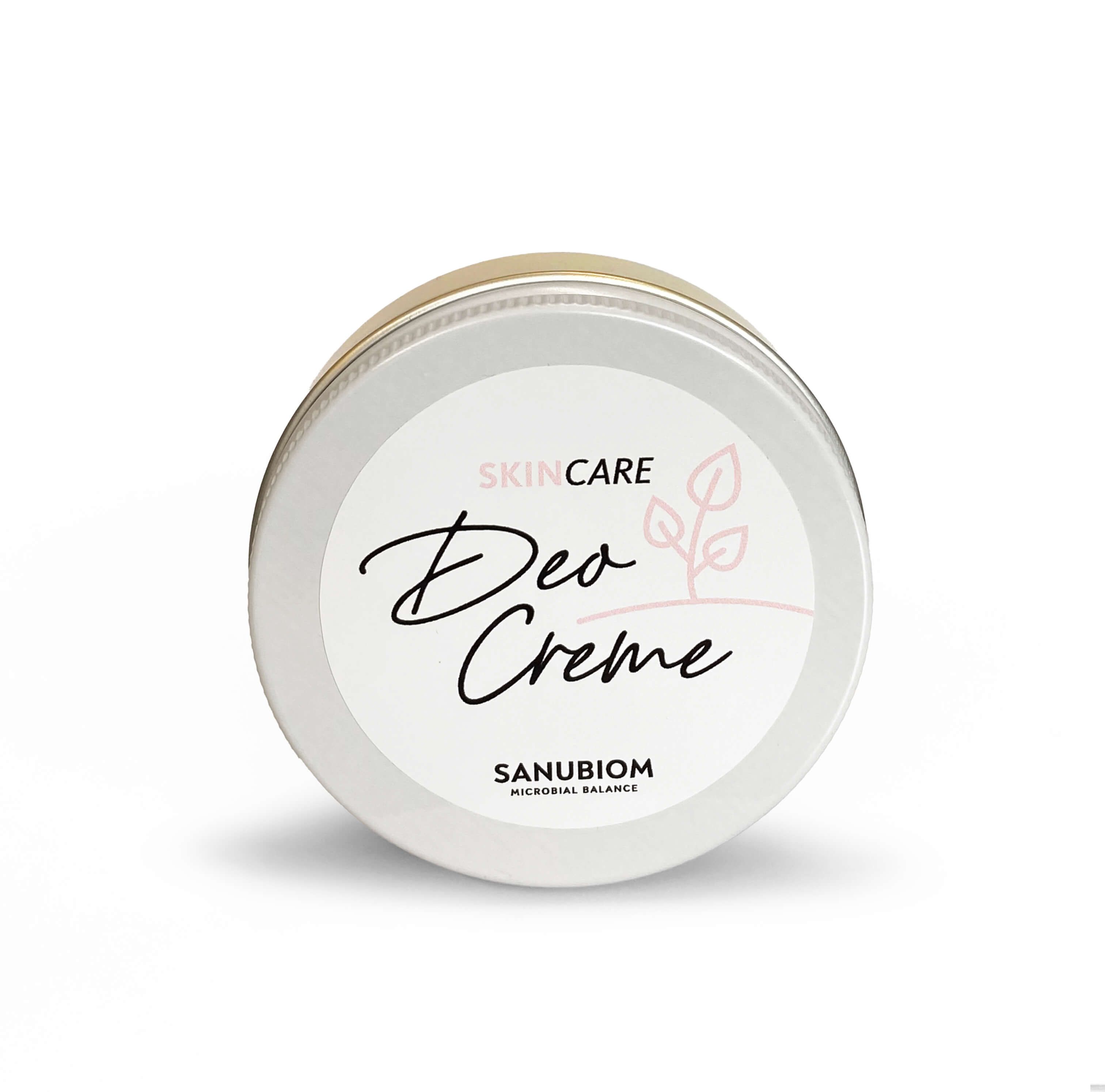 Runde Dose mit Deckel. Aufschrift: SkinCare Deo Creme. Logo mit Blättern. Marke: SANUBIOM.