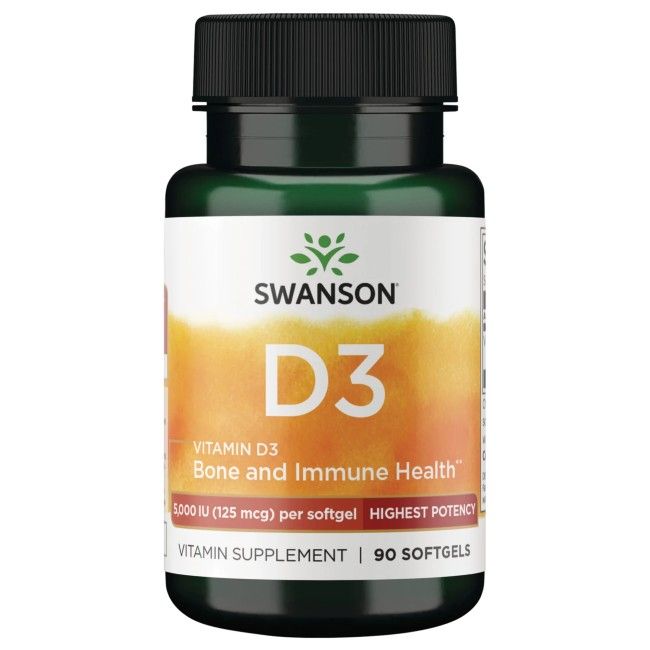 Swanson Vitamin D3 5.000 IE Softgel-Flasche. Knochen- und Immununterstützung.