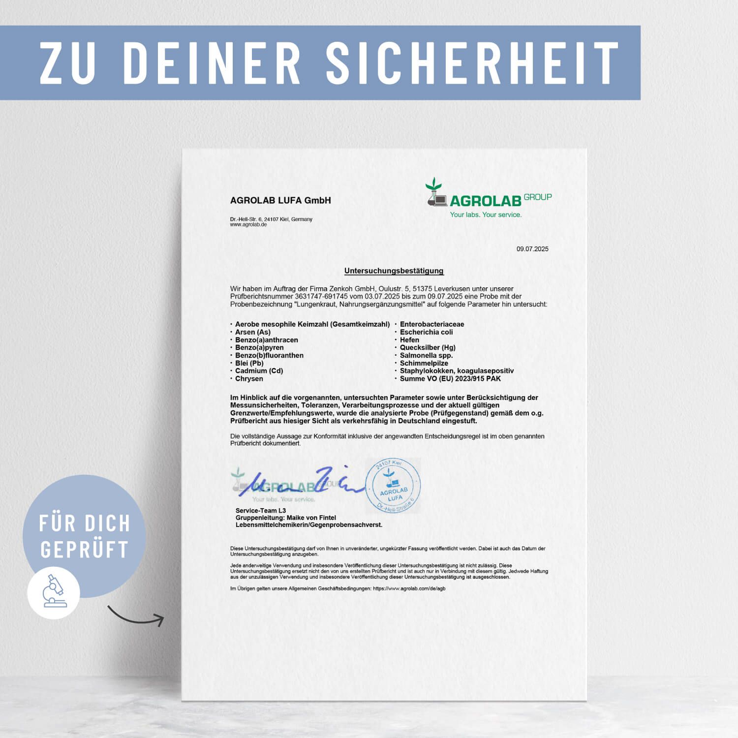 Laborbericht zur Prüfung von Lungenkraut Komplex, AGROLAB Siegel.