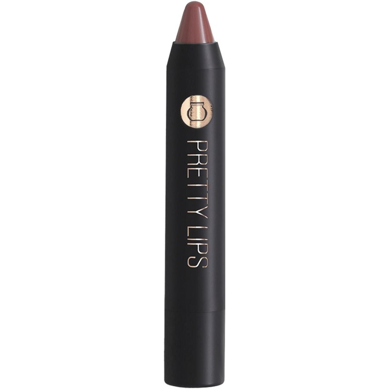 Lippenstift in Stiftform. Schwarzer Stift mit goldfarbenem Logo und Schriftzug "PRETTY LIPS". Spitze in Rosa-Braun.