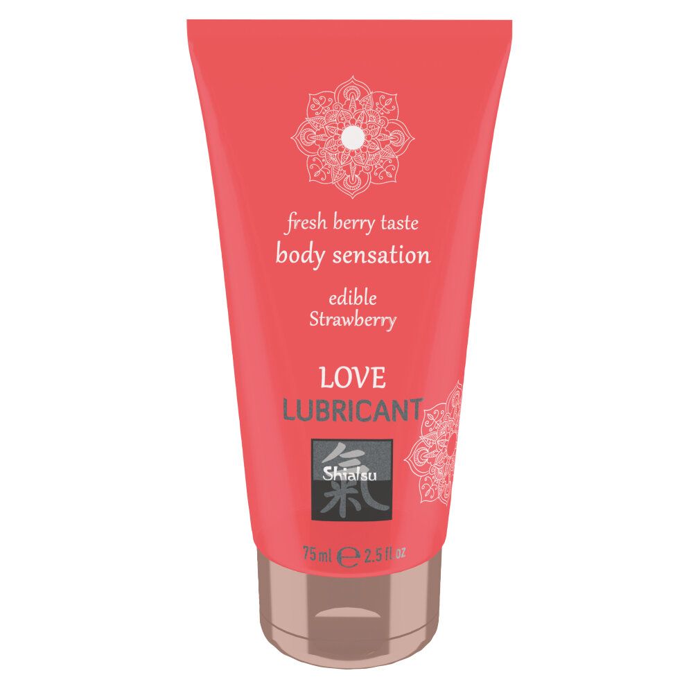 Rosa Tube mit weißer Schrift. Text: fresh berry taste, body sensation, edible Strawberry, LOVE LUBRICANT. Marke: Shiatsu.