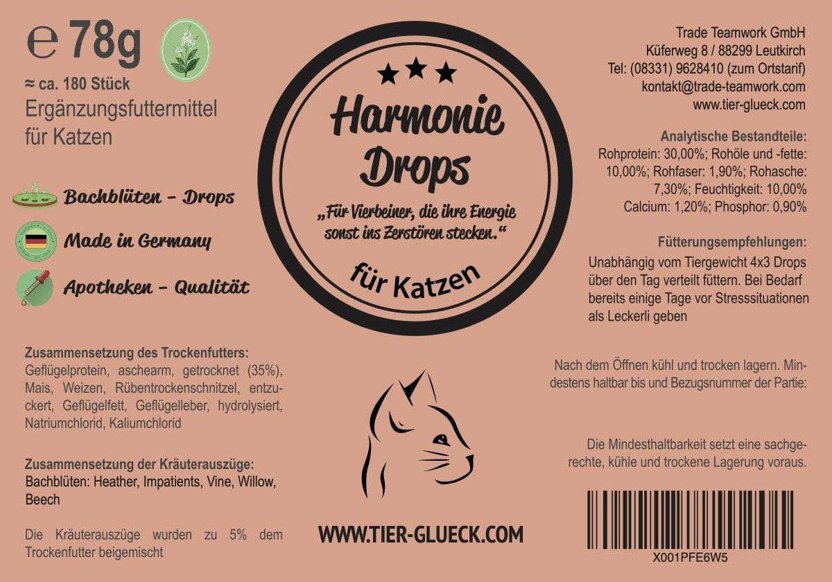 Etikett mit Produktinformationen. Aufschrift: Harmonie Drops für Katzen. Inhaltsstoffe, Fütterungsempfehlung, Herstelleradresse, Apotheken-Qualität.