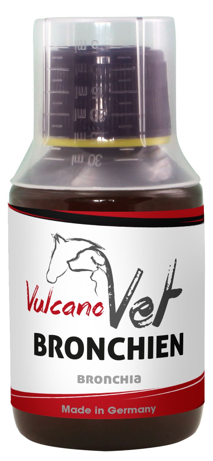 Braune Flasche mit Messskala und Dosierkappe. Etikett mit Logo, Schriftzug VulcanoVet Bronchien und Hinweis "Made in Germany".