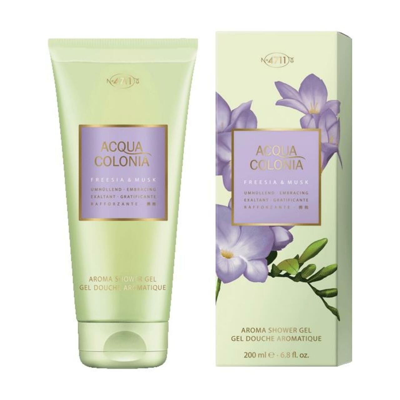 Aroma-Duschgel und Verpackung. Grünliche Tube und Schachtel mit lila Akzenten. Text: Acqua Colonia, Freesia & Musk.