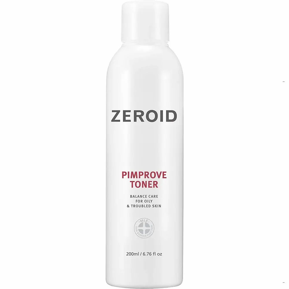 Weiße Flasche mit ZEROID und Pimprove Toner-Aufdruck. Text: Balance Care für ölige und Problemhaut. 200ml/6.76 fl oz.