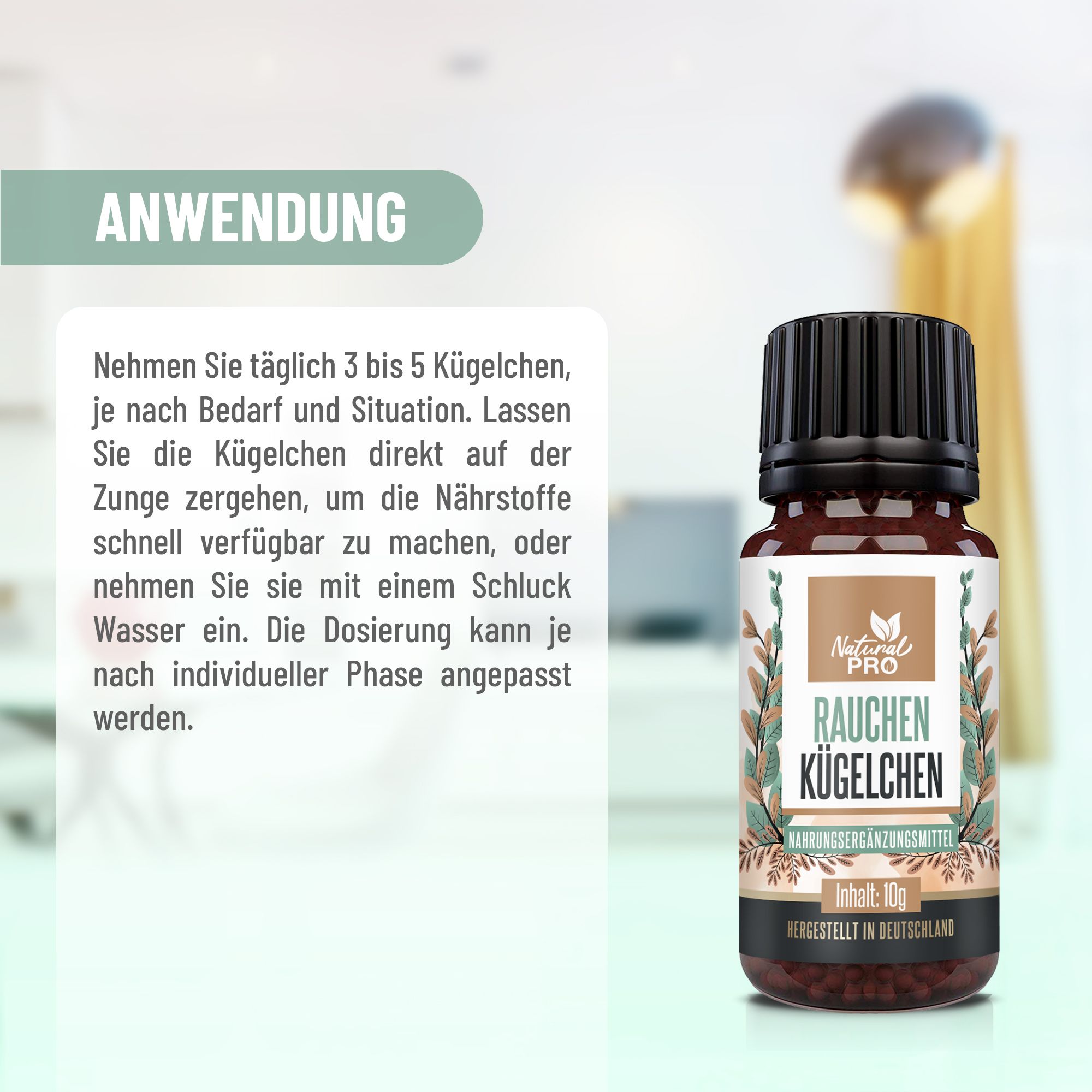 Flasche "Rauchen Kügelchen" mit Text über Anwendung. Braune Flasche mit schwarzem Deckel, Hintergrund unscharf.