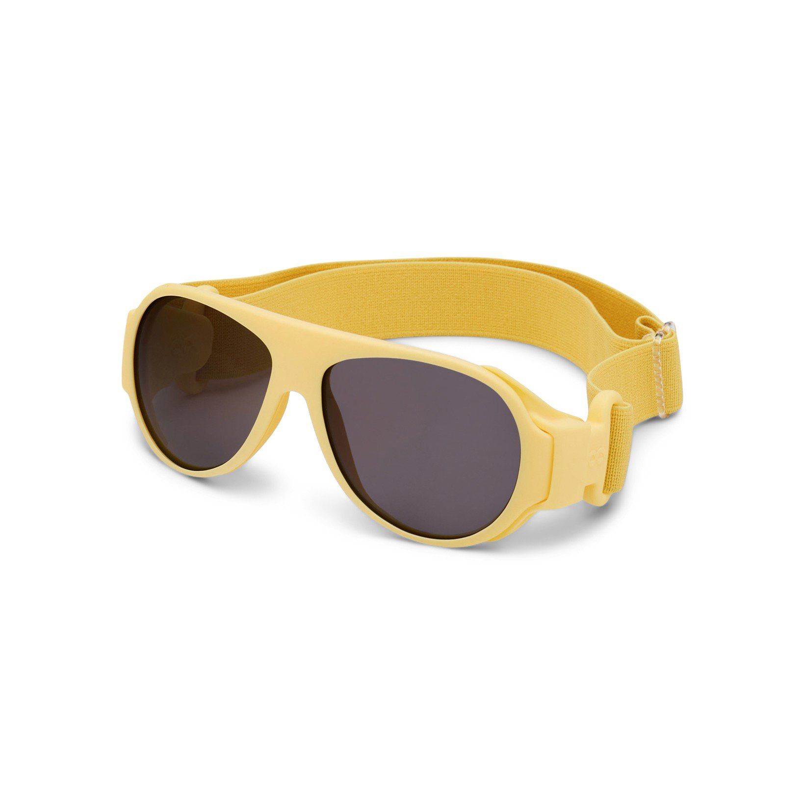Gelbe Sonnenbrille mit Brillenband. Dunkle Gläser.