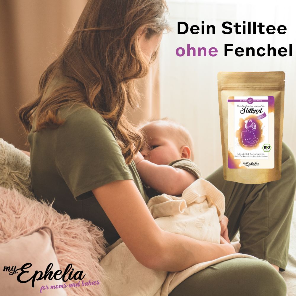 Frau stillt Baby. Stilltee-Beutel im Hintergrund. Text: Dein Stilltee ohne Fenchel. Marke: myEphelia.
