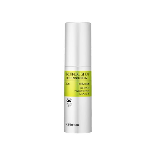 Zylindrische Flasche mit weißem Deckel und grünem Etikett. Text: RETINOL SHOT TIGHTENING SERUM, celimax.