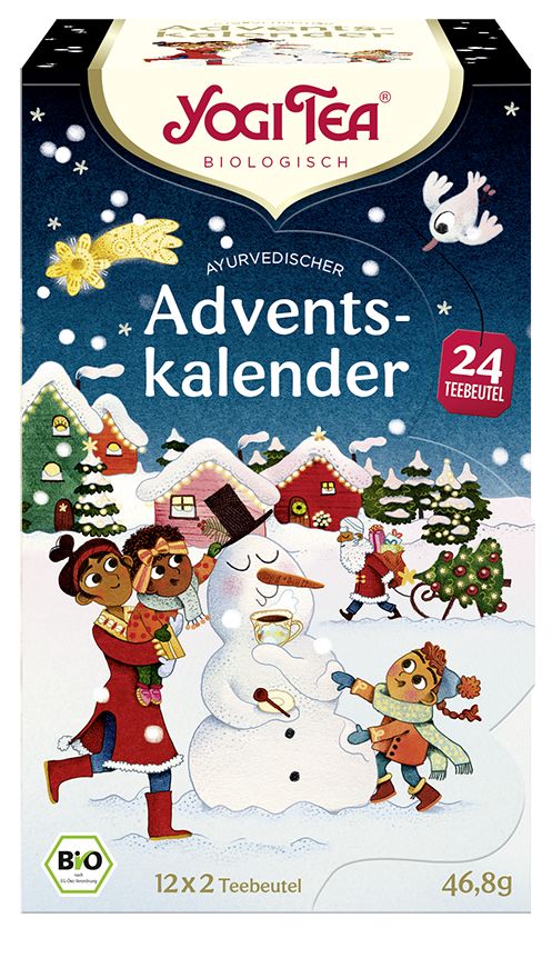 Adventskalender mit 24 Teebeuteln. Verpackung mit Winterlandschaft, Schneemann und Kindern. Bio-Siegel und Yogi Tea Logo.