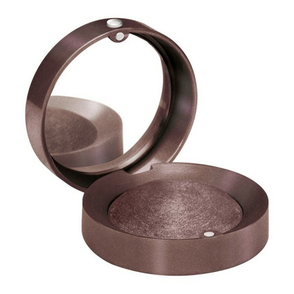 Fard à paupières rond ouvert avec miroir. Fard marron. Le couvercle et le miroir sont ouverts.