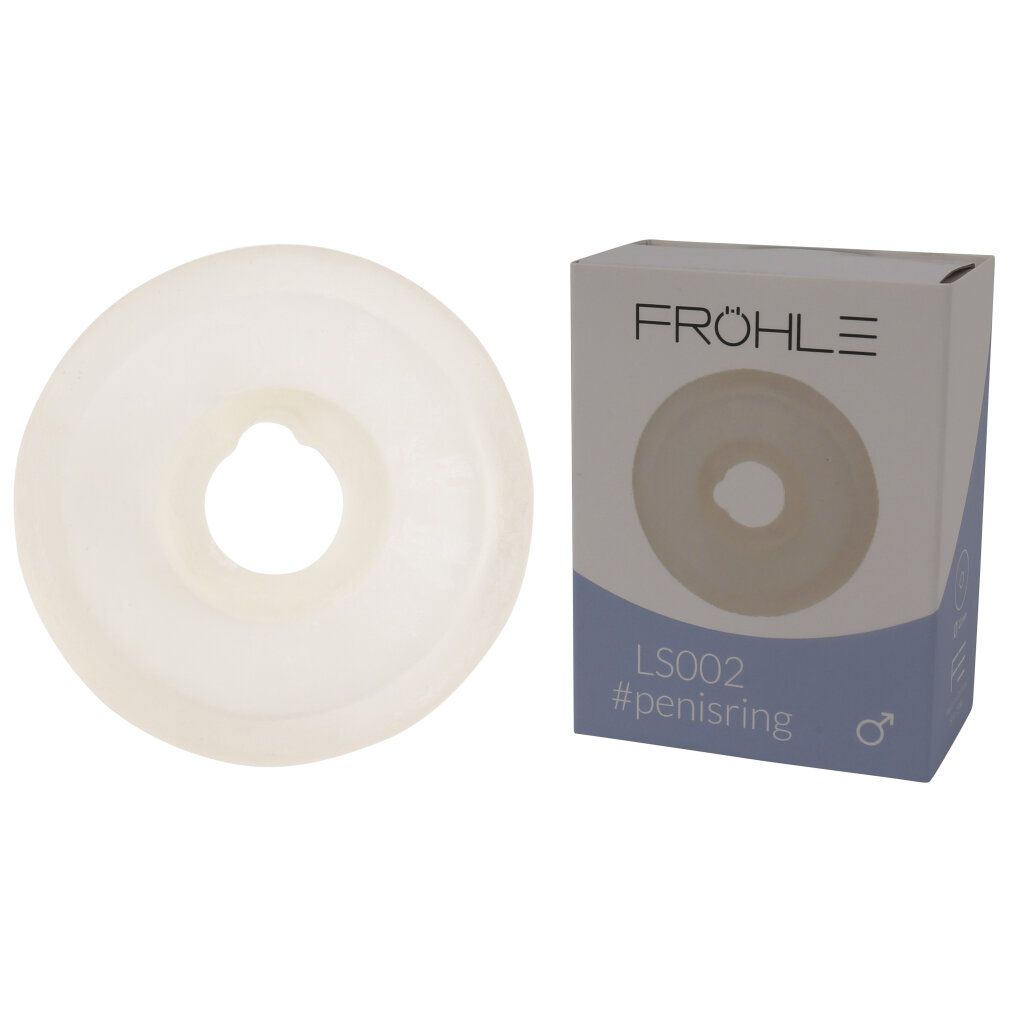 Ringförmiges Produkt und Verpackung. Marke Fröhle, Modell LS002, #penisring. Hellbeige, mit zentraler Öffnung. Männliches Symbol.