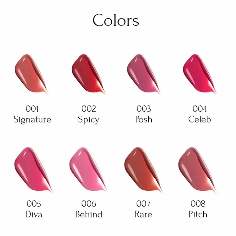 Farbmuster von acht Lippenstiften. Text: 001 Signature, 002 Spicy, 003 Posh, 004 Celeb, 005 Diva, 006 Behind, 007 Rare, 008 Pitch.