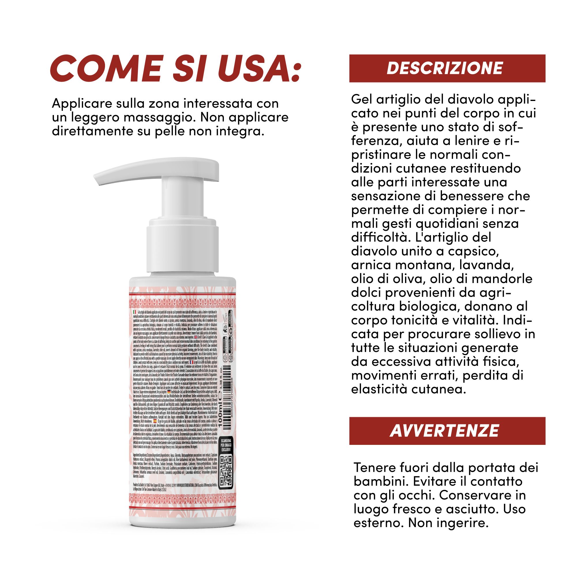 Gel-Flasche mit Dosierpumpe. Text: Gel Artiglio del Diavolo. Anwendungshinweise und Warnhinweise.