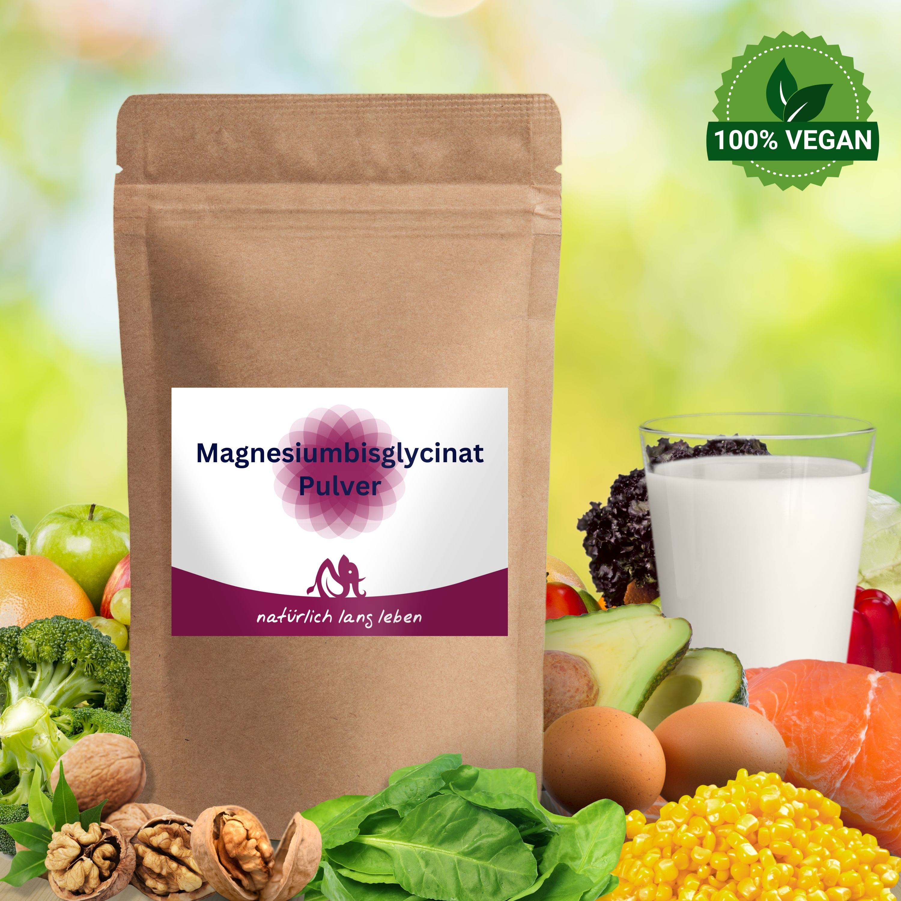 Braune Papierverpackung mit Etikett. Aufschrift: Magnesiumbisglycinat Pulver. Logo und Schriftzug: natürlich lang leben. 100% Vegan.