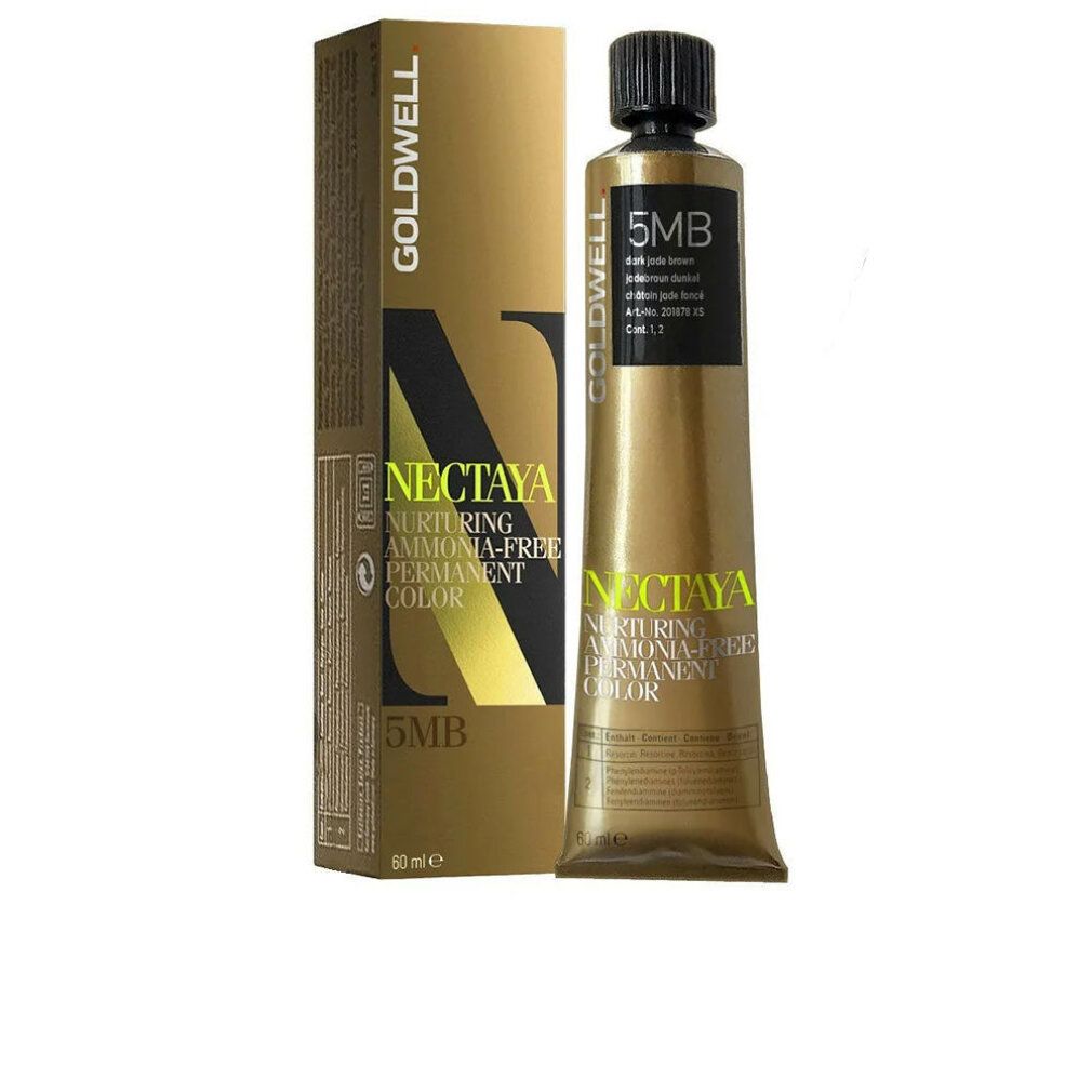 Goldwell Nectaya Haarfarbe, Tube und Schachtel. Aufschrift: 5MB, ammoniakfrei, permanente Farbe.