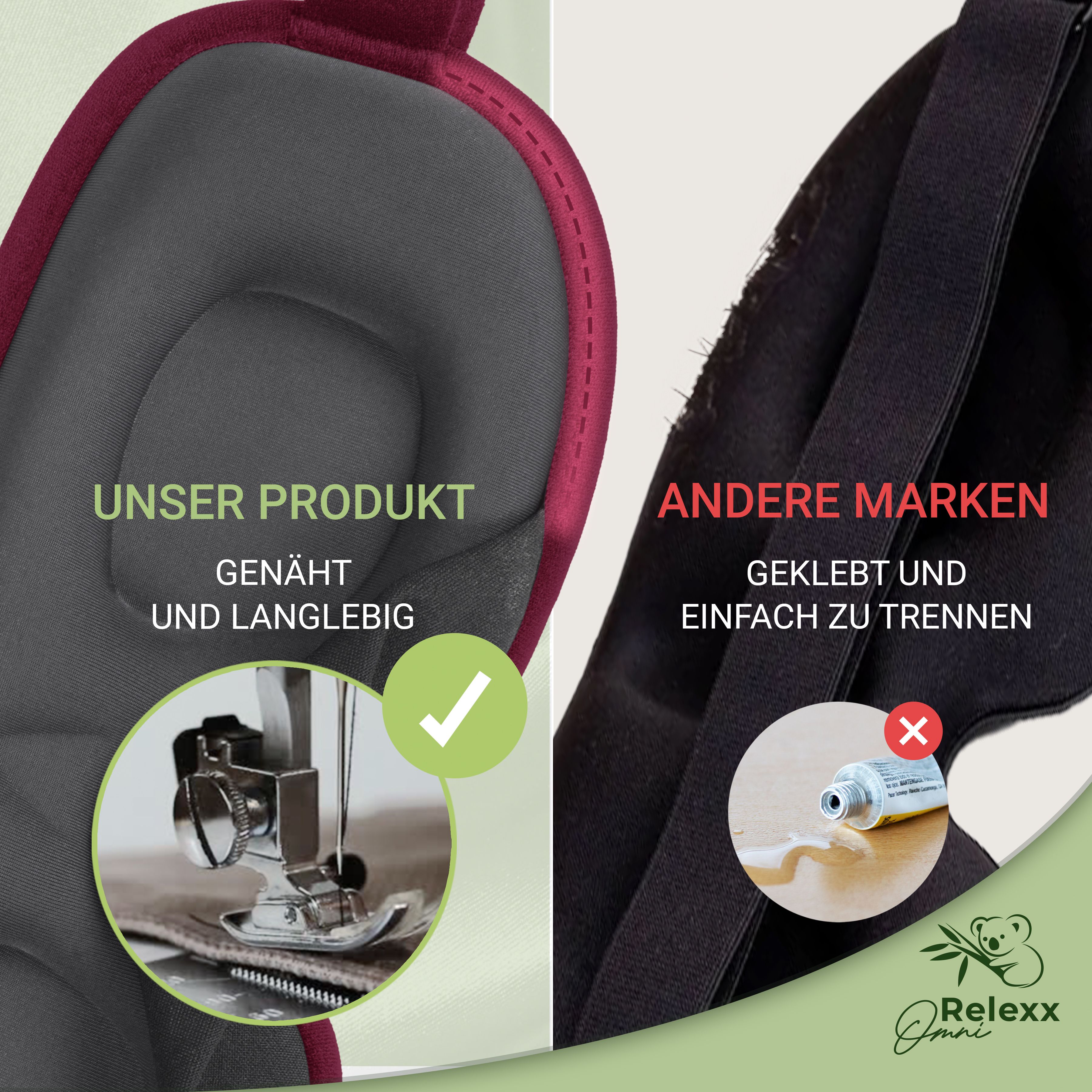 Vergleich: Genähte Schlafmaske vs. geklebte. Unser Produkt genäht und langlebig. Andere Marken geklebt und trennbar.