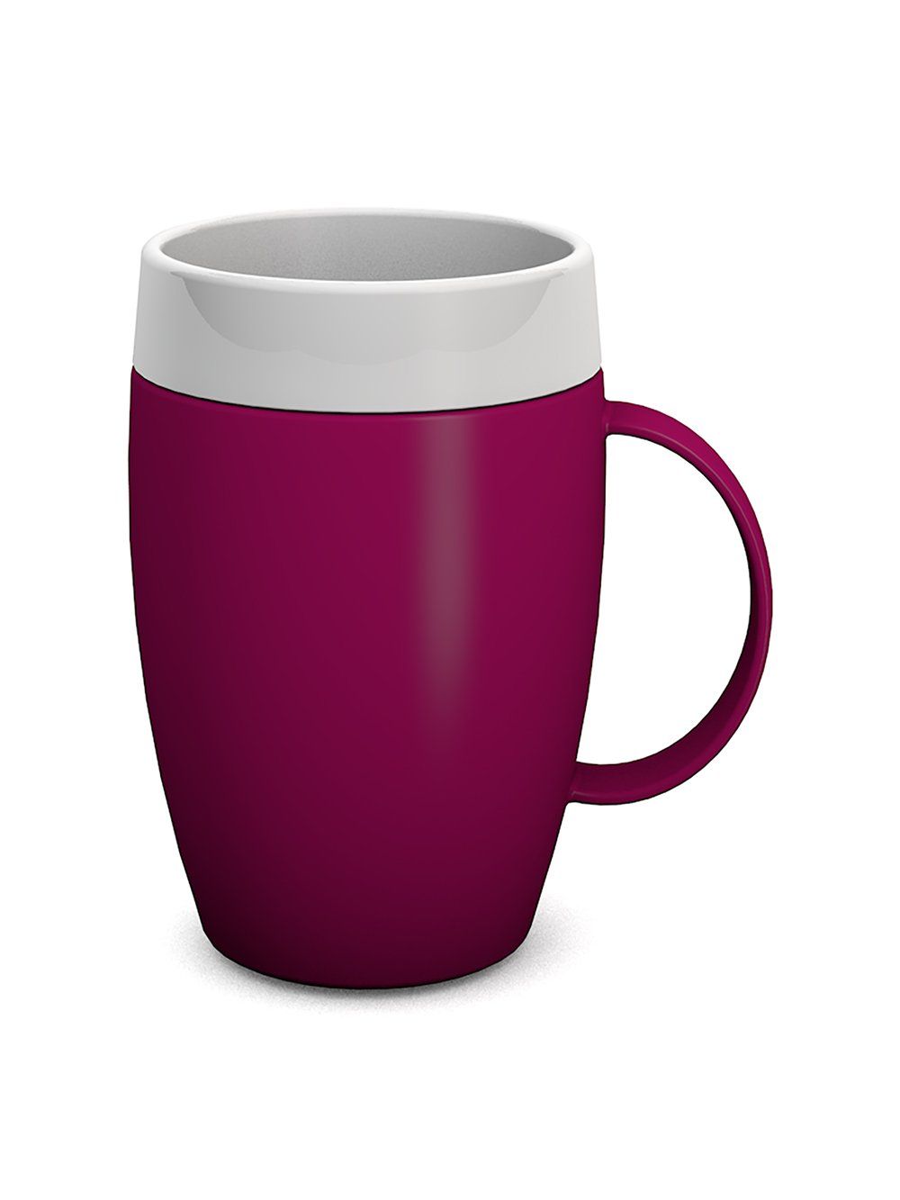 Becher mit kleinem Henkel. Oberteil weiß, Unterteil bordeauxfarben. Zylindrische Form mit Henkel.