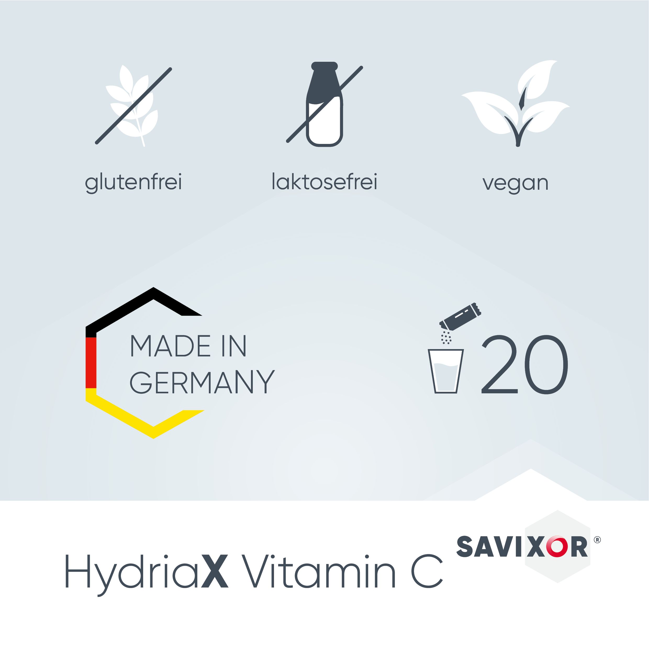 Grafik mit Symbolen: glutenfrei, laktosefrei, vegan. Made in Germany. 20. Savixor HydriaX Vitamin C.