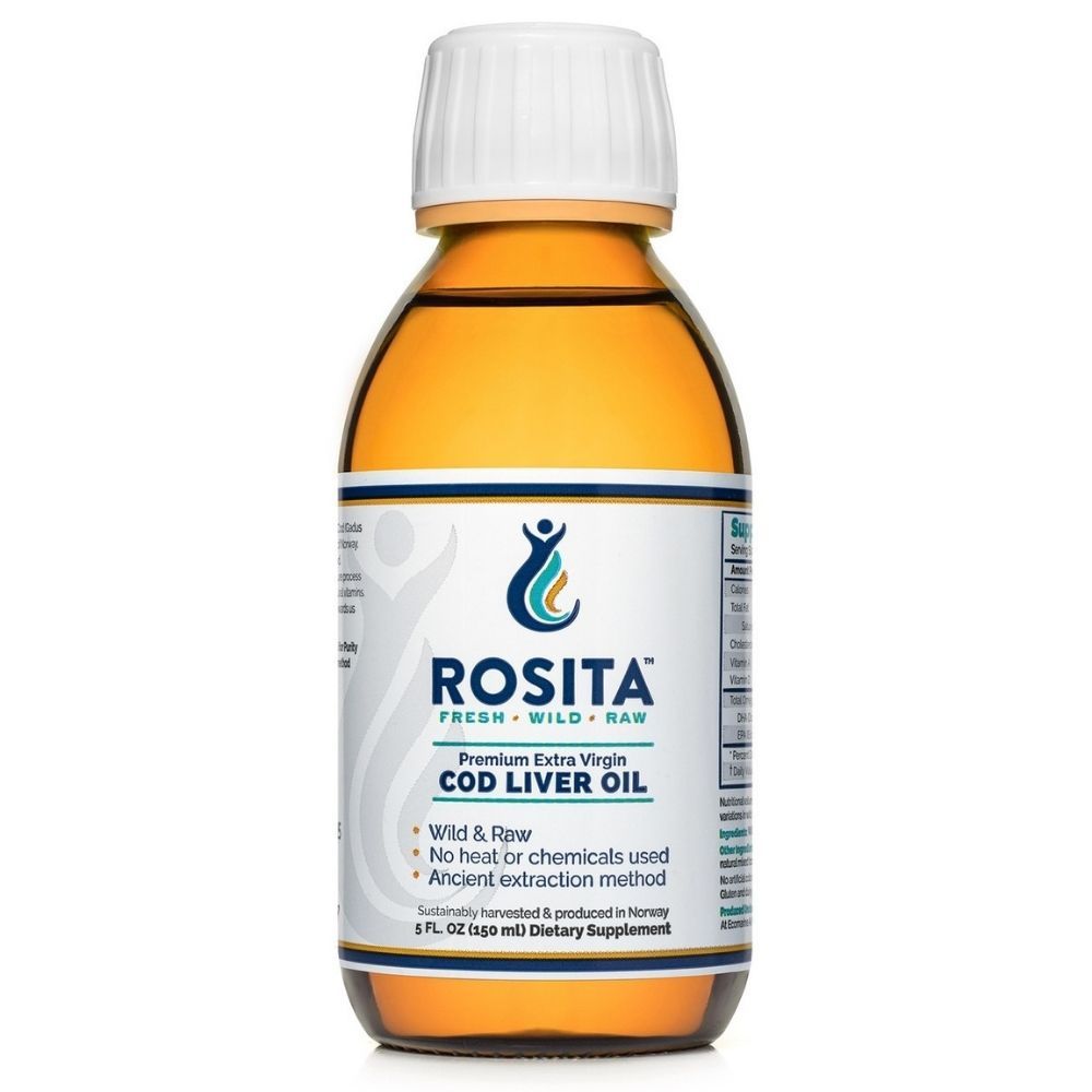 Rosita Premium Extra Virgin Lebertran in einer Glasflasche mit weißem Schraubverschluss. Etikett mit Logo und Produktinformationen.