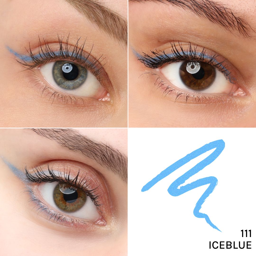Vier Nahaufnahmen von Augen mit blauem Kajal-Eyeliner. Eine blaue Linie und die Bezeichnung "111 ICEBLUE".
