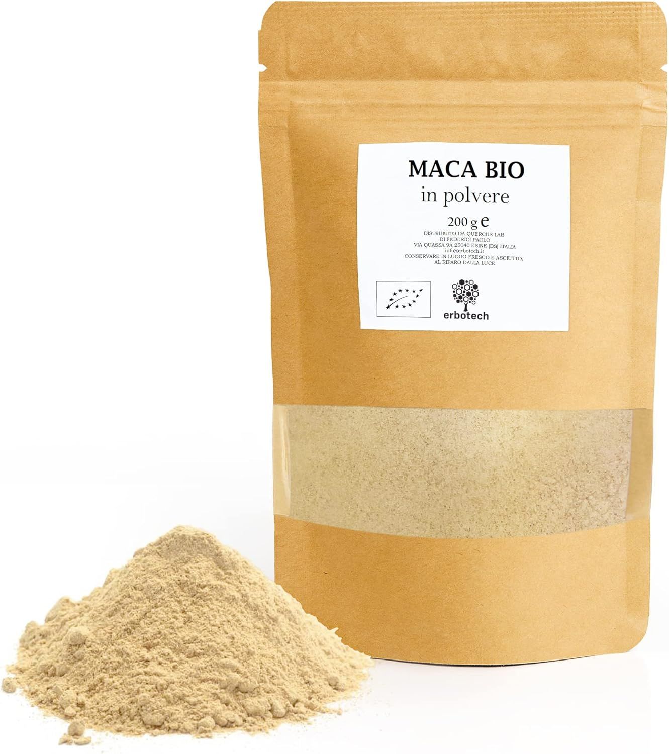 Beutel mit Maca-Pulver. Aufschrift: Maca BIO in polvere, 200 g. Sichtfenster. Bio-Siegel.