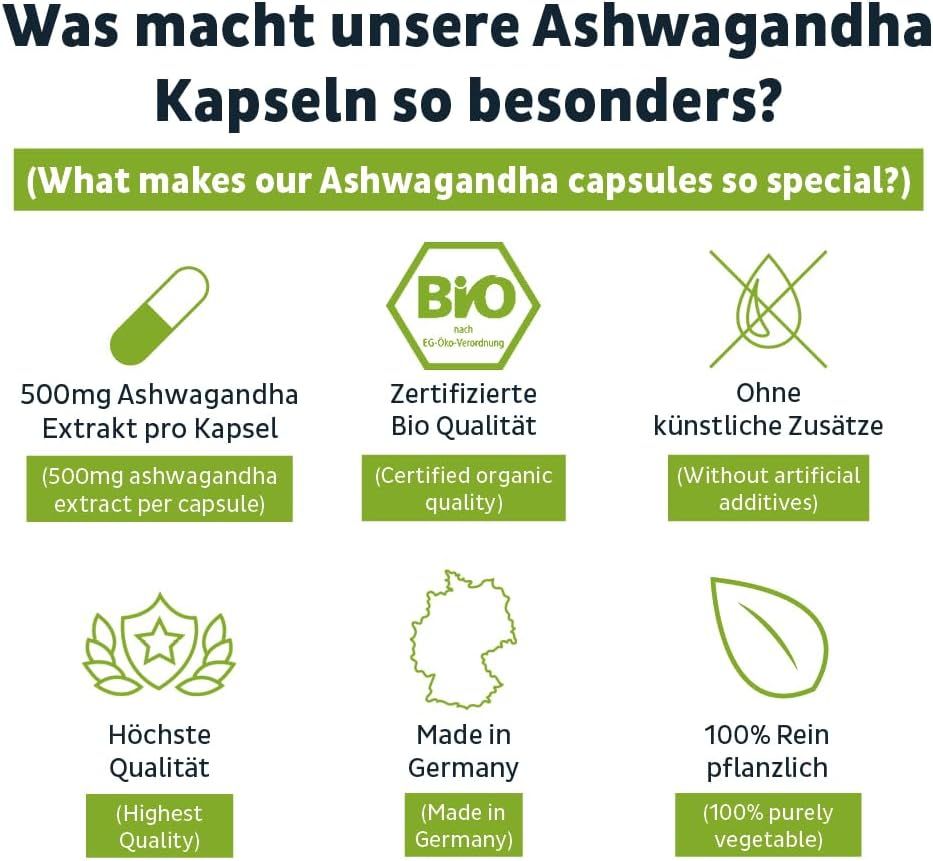 Infografik mit Symbolen und Texten. Kapsel, Bio-Siegel, ohne Zusatzstoffe, höchste Qualität, Made in Germany, 100% pflanzlich.