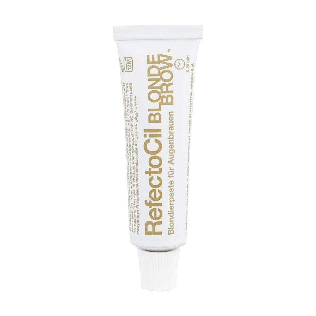 Tube mit Blondierpaste für Augenbrauen. Produktname und Schriftzug in Gold. Weißer Hintergrund.