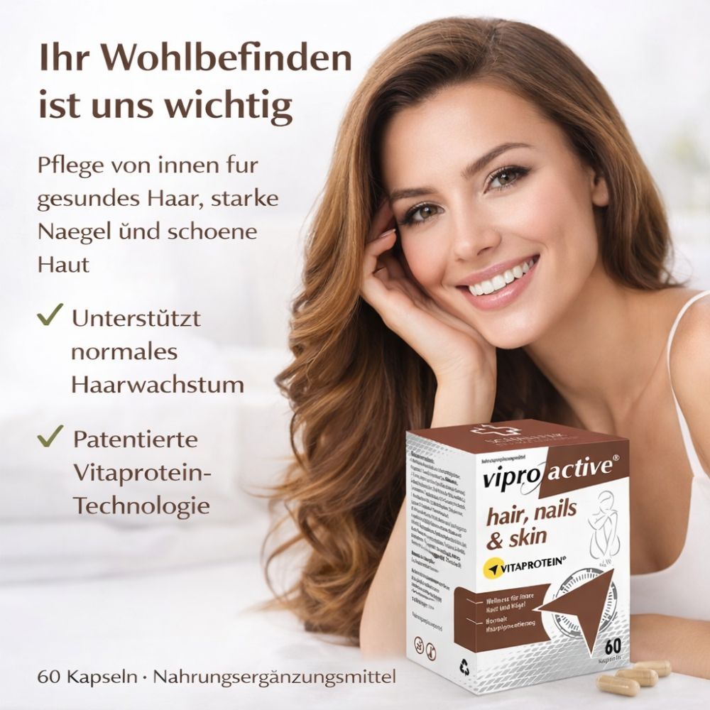Frau mit Viproactive® Hair, Nails & Skin-Packung. Produkt und Frau im Bild.