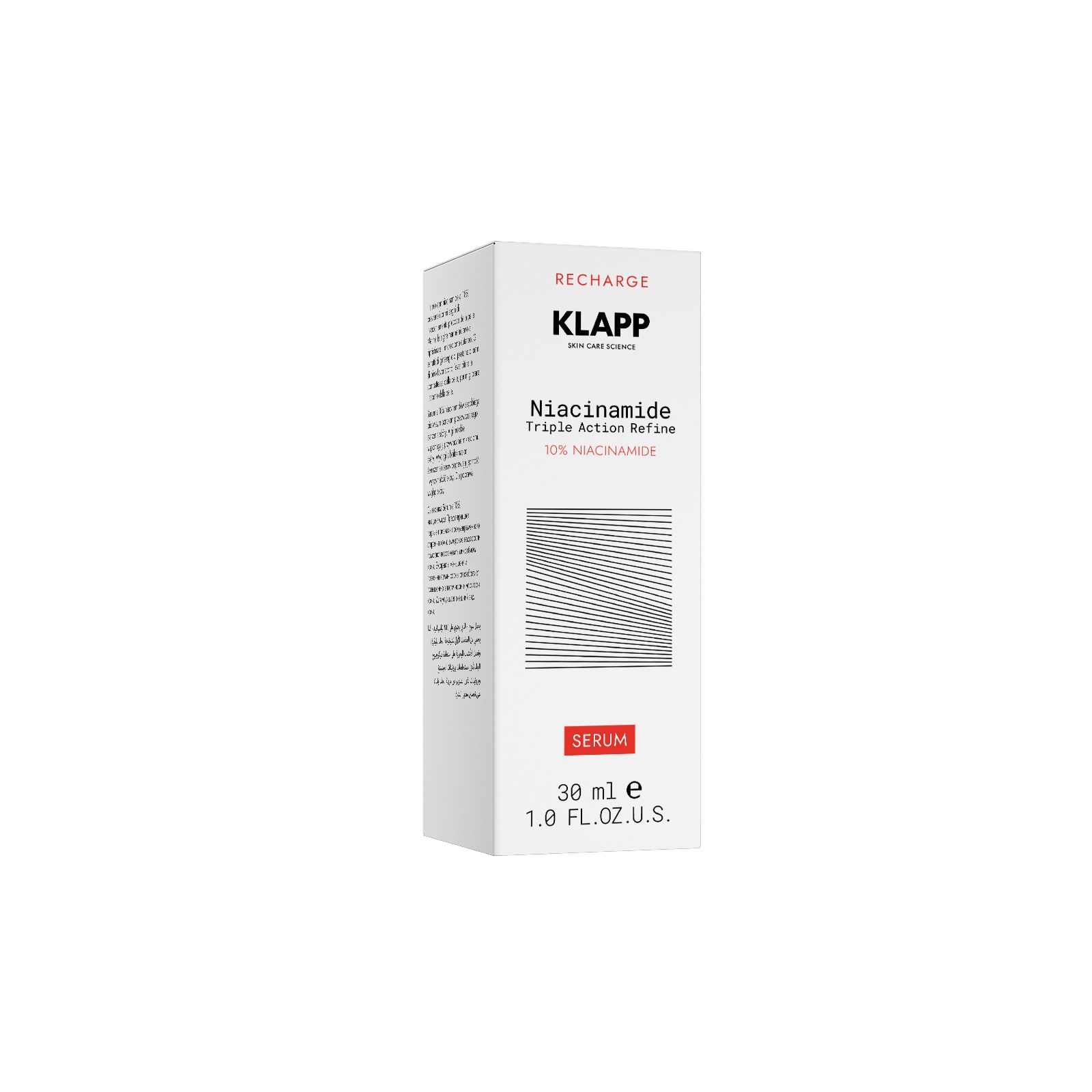 Weiße Verpackung mit Produktinformationen. Aufschrift: KLAPP, Recharge, Niacinamide Triple Action Refine Serum. Rote Schrift: Serum, 30 ml.