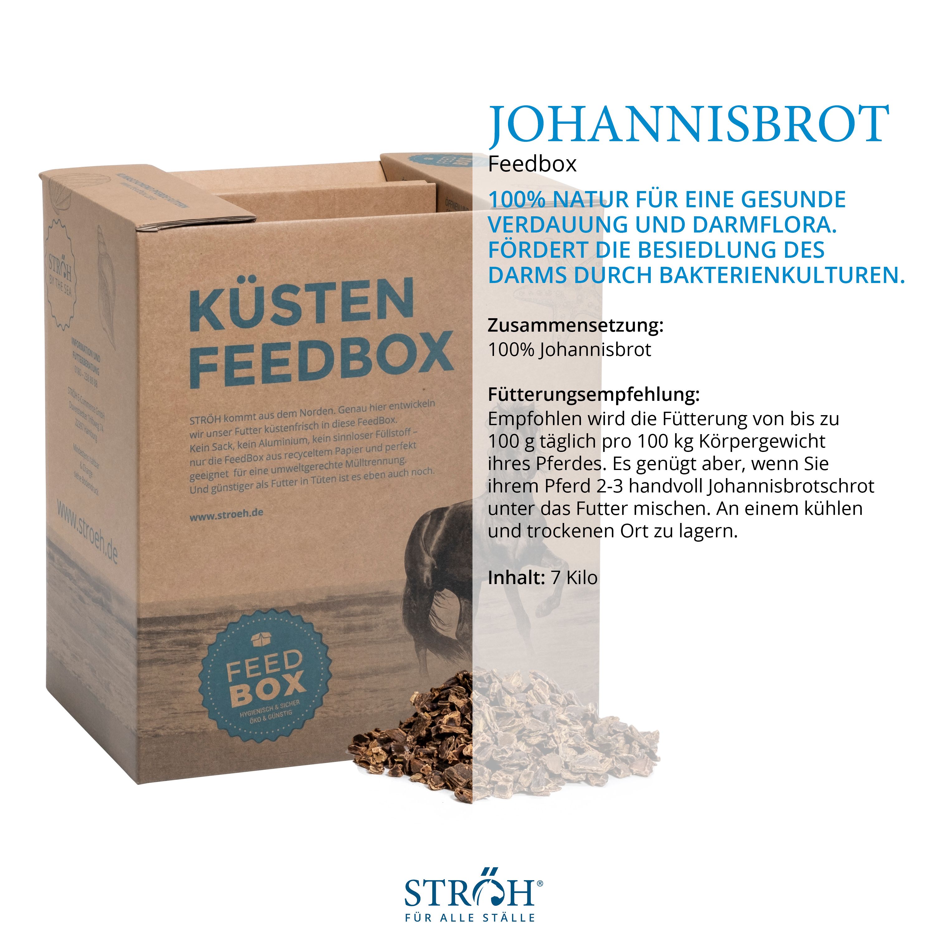 Kartonbox "KÜSTEN FEEDBOX" mit Text und Inhaltsangaben. Daneben Johannisbrot und weißes Pulver. Text: 100% Johannisbrot.