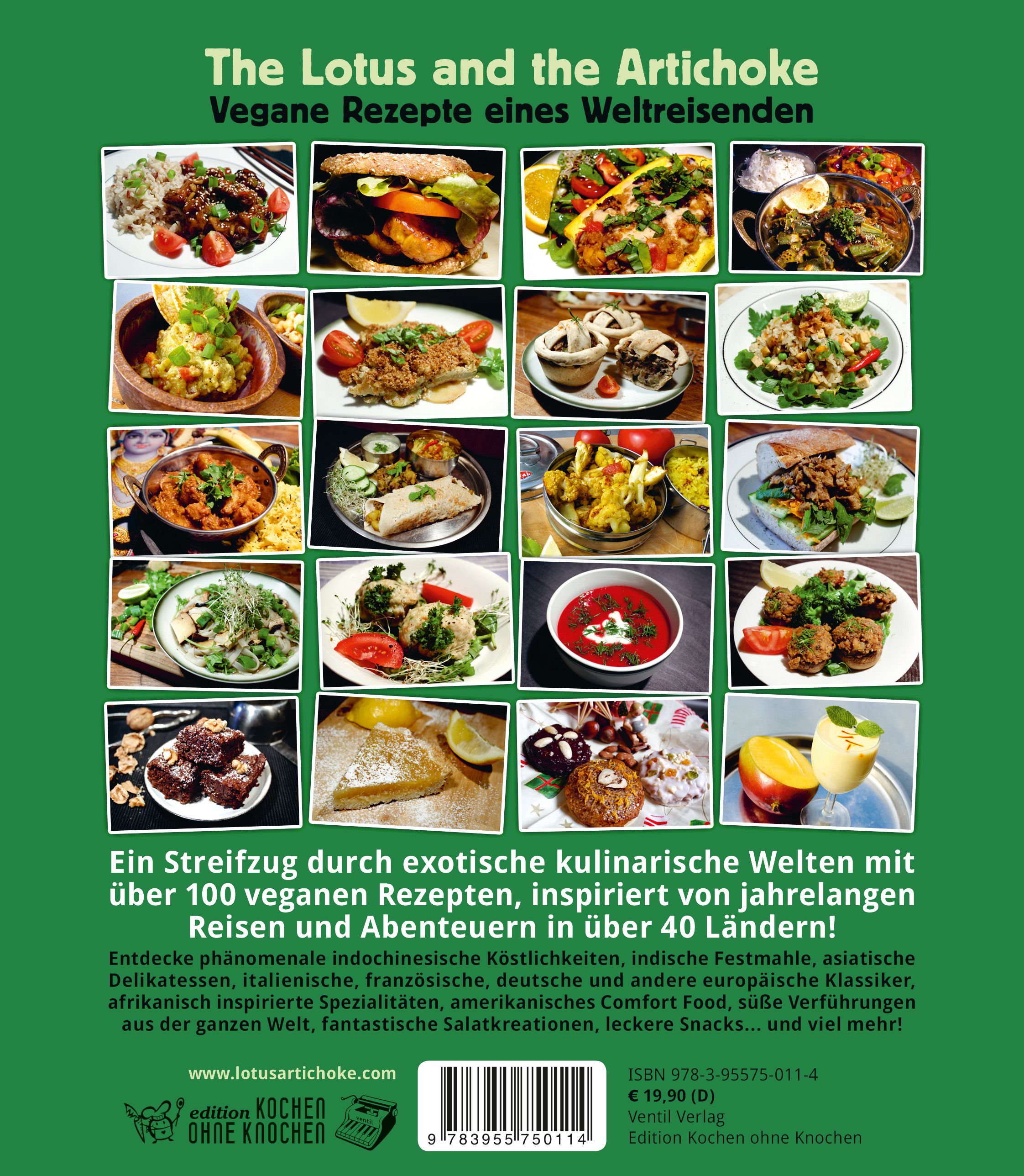 Buchrückseite: Titel "The Lotus and the Artichoke". 16 Food-Fotos. Text in Deutsch. ISBN und Preis. Logo "Edition Kochen ohne Knochen".