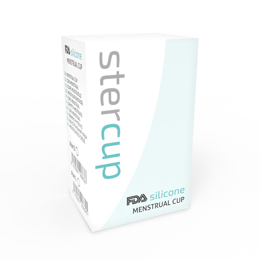 Weiße Verpackung mit 'stercup'-Schriftzug und Produktinformationen. FDA-Siegel und 'silicone MENSTRUAL CUP' Schriftzug.