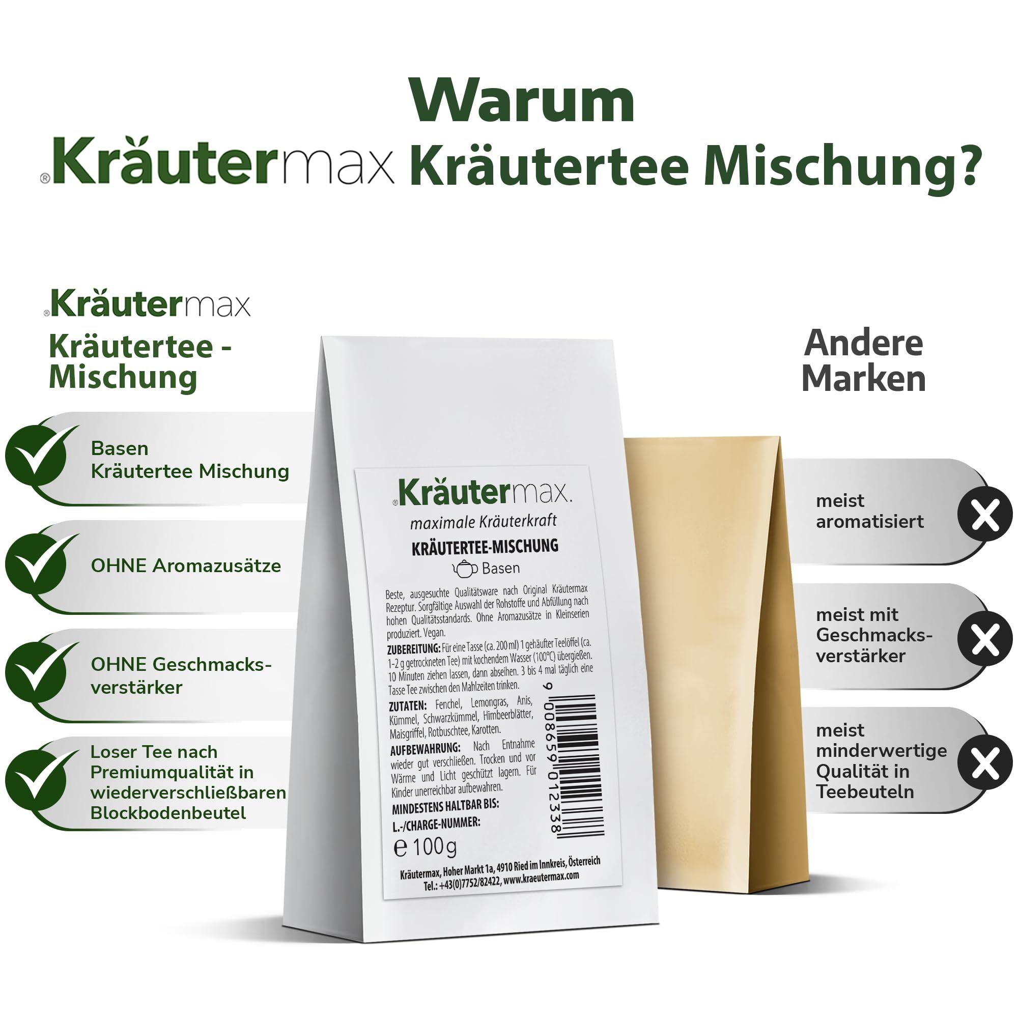 Weißer Beutel Kräutertee-Mischung. Text: Kräutermax, Basen Kräutertee Mischung, ohne Aromazusätze, ohne Geschmacksverstärker. Vergleich mit anderen Marken.