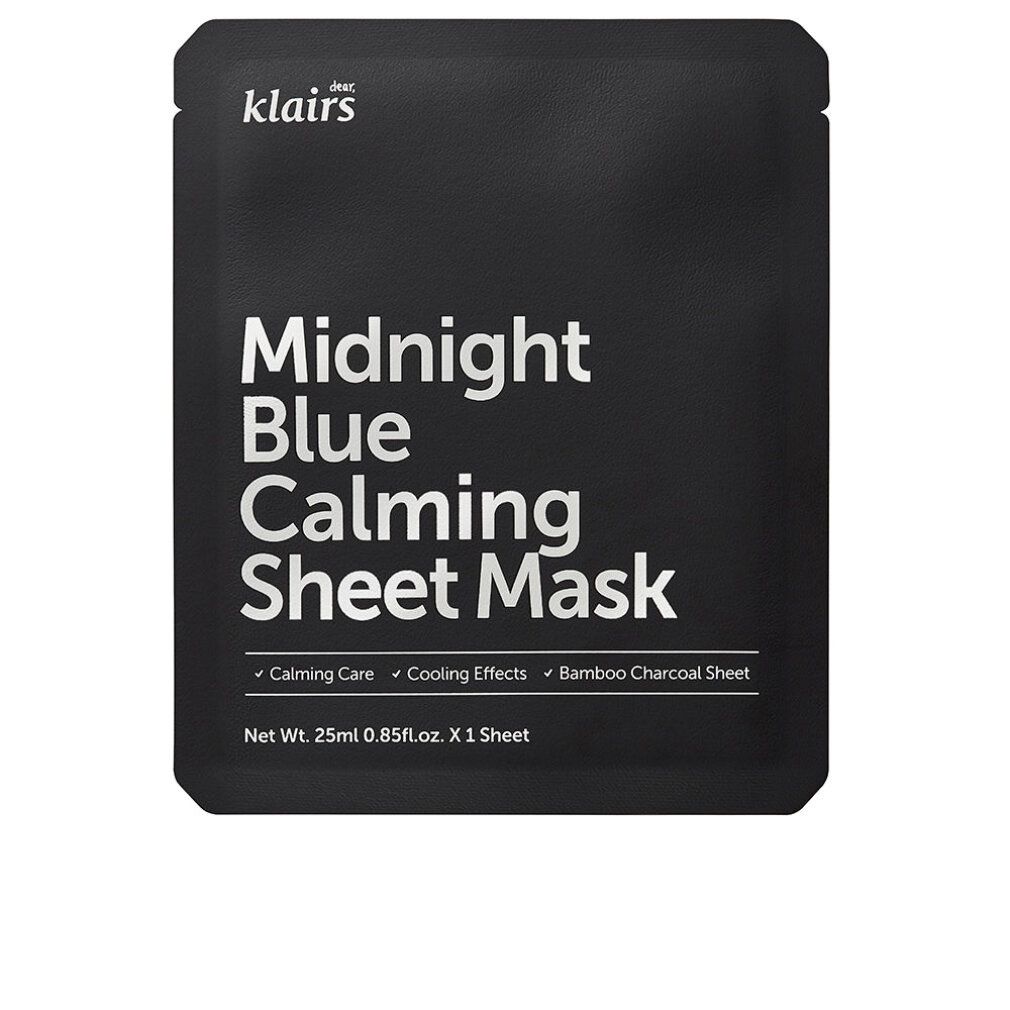 Schwarze Verpackung mit weißem Text. Enthält die Aufschrift "klairs", "Midnight Blue Calming Sheet Mask" und weitere Informationen.
