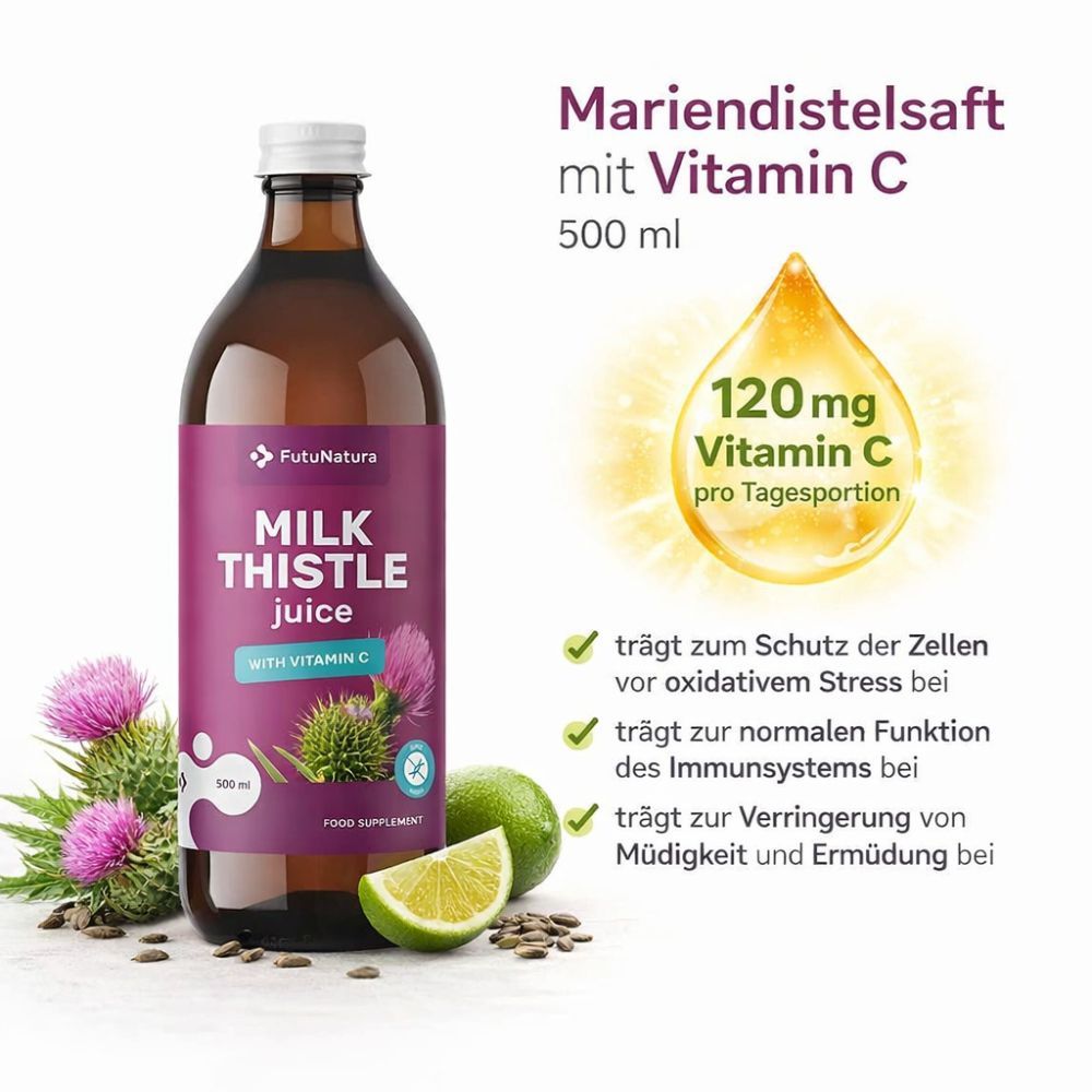 Braune Glasflasche mit Produktetikett. Tropfenförmige Darstellung von Vitamin C. Text mit Produktinformationen.
