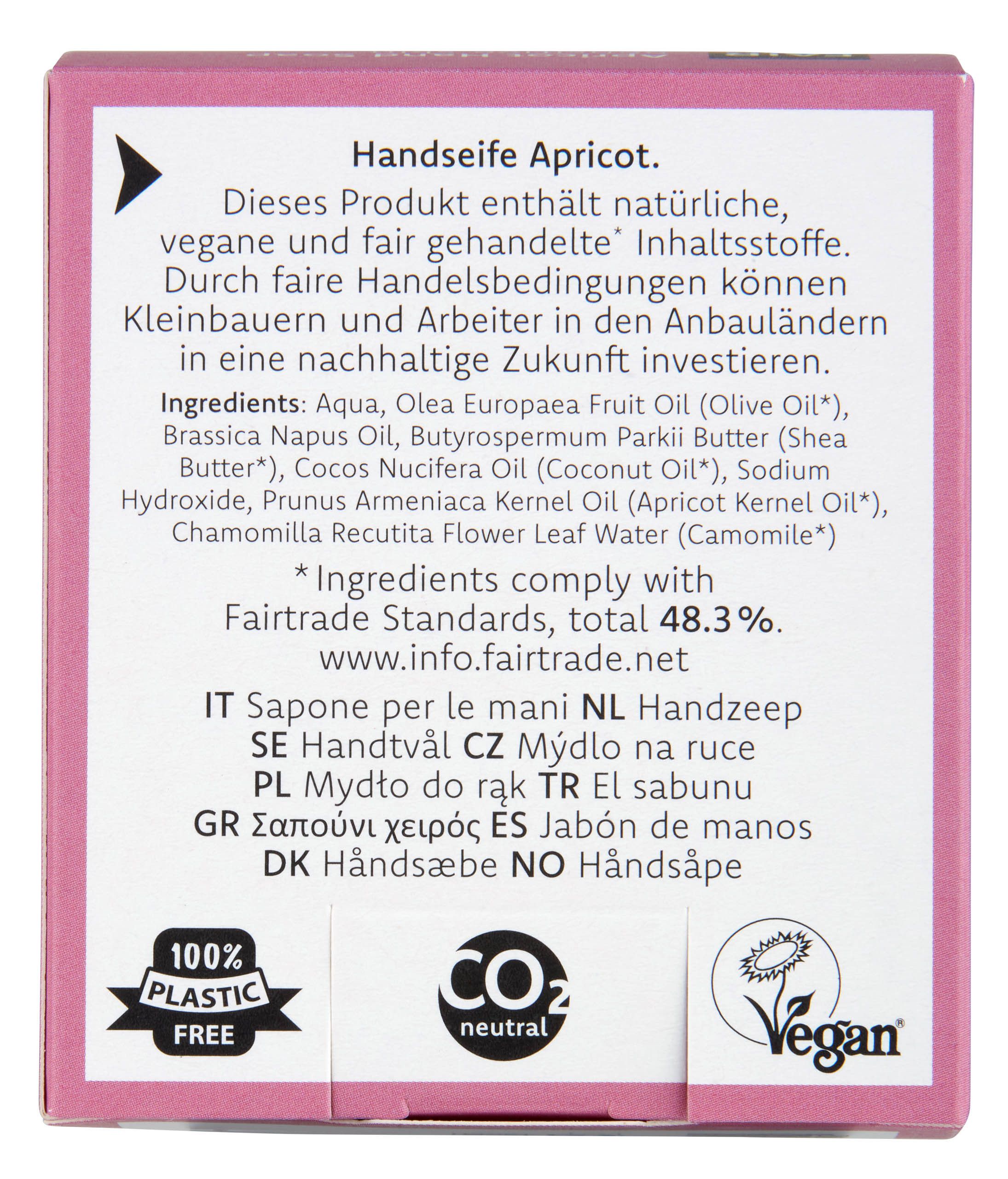 Rückseite der Seifenverpackung. Text mit Inhaltsstoffen und Fairtrade-Informationen. Vegan-Siegel. CO2 neutral.